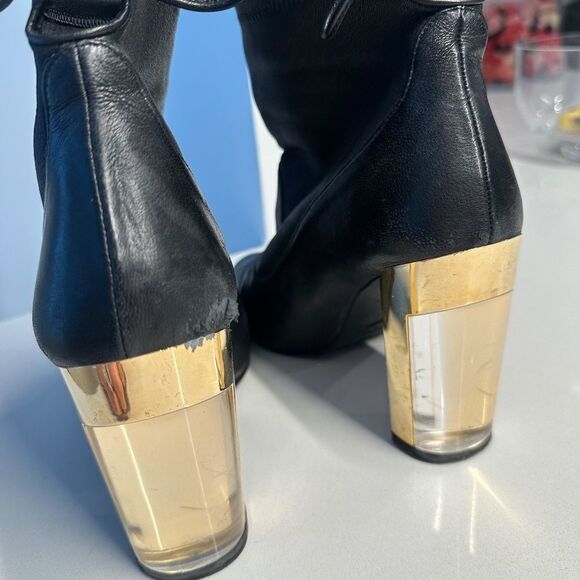 Stuart Weitzman Black Leather Ankle Booties with Lucite & Gold Block Heel Size 9 - Picture 12 of 14